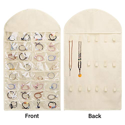 JiatuA Organizador de Joyas Colgantes a Doble Cara 32 Bolsillos y 18 de Gancho Armario de Almacenamiento, No Tejido Plegable Portador de Almacenamiento (Beige)