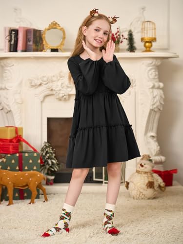 Girls Lantern Long Sleeve Dress Kids Flowy Tiered Ruffle Crewneck A-Line Fall Dresses 5-14 Years2