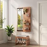 KungFuWood Full Length Mirror with Shelf and Hooks,Entry Way Mirrors for Wall,Wall Mirror with Shelf,Wall Mirror with Storage Multifunctional Design Panel,Living Room