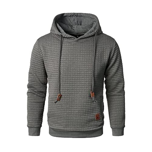 HOOD CREW Men’s Pure Color Casual Long Sleeved Plaid Hooded Pullover Sweatshirt