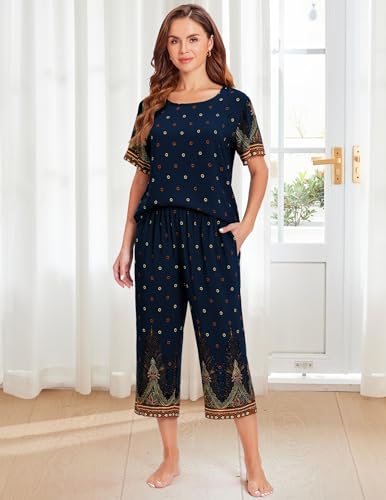 Ekouaer Women's Two Piece Lounge Set Short Sleeve Shirt and Capri Pants Mumu Pajama with Pockets Loungewear Pjs Sets2