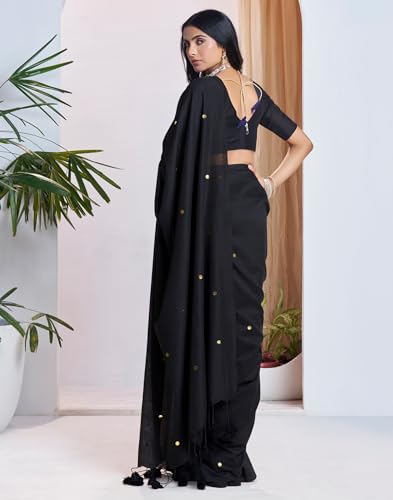 Image of SIRIL Women's Cotton Linen Sequence Saree With Unstitched Blouse Piece