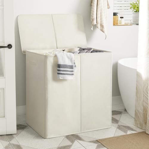 Panier à linge avec couvercle et double compartiment en tissu beige chic - 4