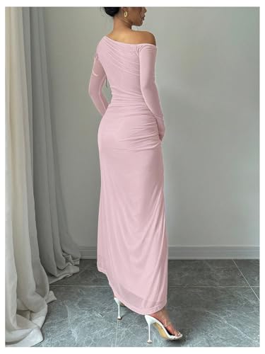 GORGLITTER Women's Drawstring Ruched Split Thigh Mesh Dress Asymmetrical Neck Maxi Dresses2