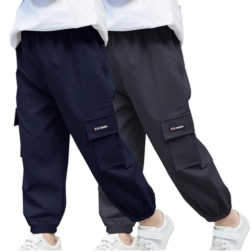 Boys Cargo Joggers Pants 2 Pack Fall Casual Baggy Elastic Waist Pull on Pant Workout Running Pant Trouser with Pocket