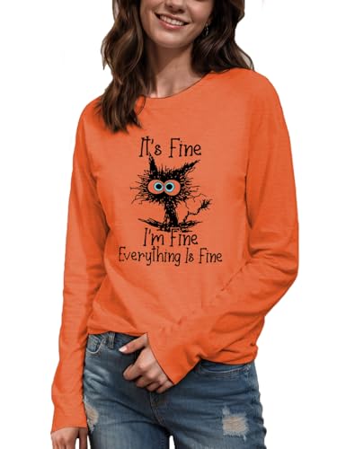 Women's I'm Fine Everything is Fine T-Shirts Long Sleeve Sayings Loose Fit Casual Cute Cat Graphic Crew Neck Tee Blouse Tops