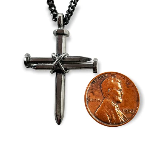 Cross 3 Nails Wire Wrapped Dark Metal Finish Pendant Dark Finish Chain Necklace3