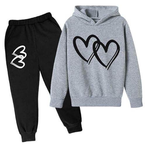 Genérico Conjunto Deportivo Niña de 2 piezas Conjunto de sudadera con capucha y estampado de corazón de San Valentín para niños (Light Gray, 13-14)