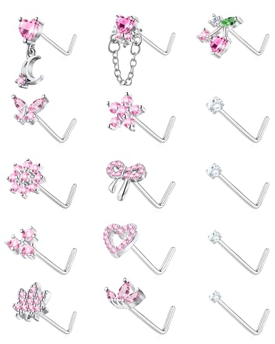 BSJ4U Nose Rings L Shaped for Women Nose Piercings 20G Surgical Stainless Steel Silver Nose Studs Pink CZ Heart Butterfly Flower Cherry Bow Moon Dangle Nose Piercing Jewelry