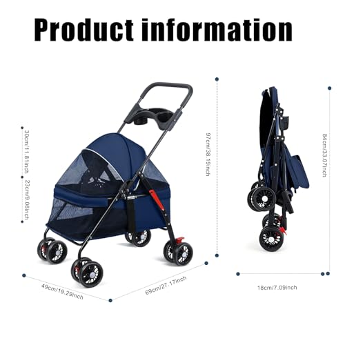 Kinderwagen für kleine Hunde und Katzen, faltbare Tragetasche, 360° drehbare Vorderräder, Anti-Release-Schnalle, verstellbares Sonnendach, bequemes Netz, Getränkehalter, Blau