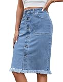 luvamia Women's Casual Mid Rise Button Down Frayed Raw Hem Stretchy Denim Midi Skirt Jean Skirt Light Blue Size Small