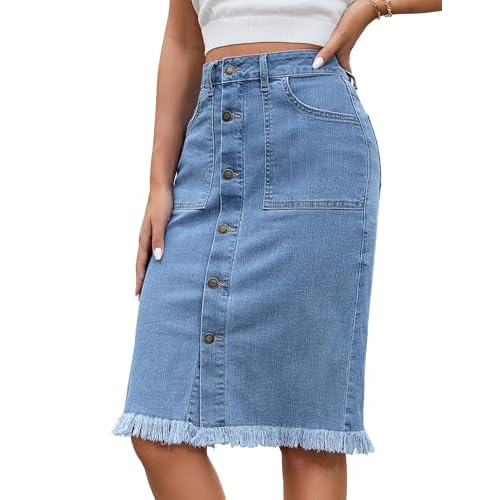 luvamia Denim Midi Skirt Mid Rise with Frayed Hem Ocean Aqua