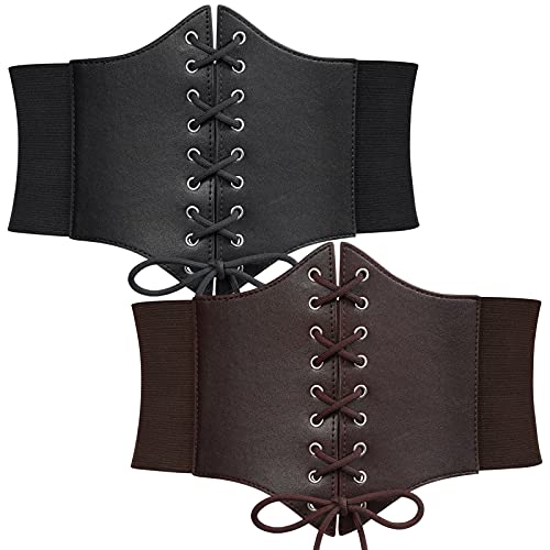 WERFORU 2 Pack Women Corset Elastic Belt Wide Vintage Lace-up Tied Costume Waspie Waist Belt Halloween