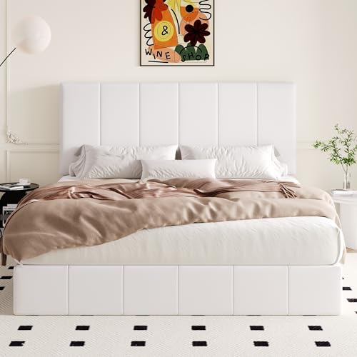 Image of Allewie King Size Velvet Lift Up Hydrualic Storage Bed Frame, White