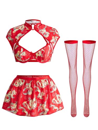 Image of Alrovetoney Sexy Lingerie Fantasy Costume Sexy Series Printed Cut-Out Slit Women's Costume Red S-XXL