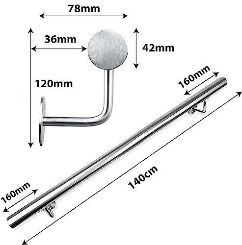 CAVATINY Edelstahl Handlauf Geländer für Treppen Brüstung Balkon - Wandhandlauf Wandhalterung - Innen und Außen Handlauf Geländer Treppengeländer Edelstahl (140CM)
