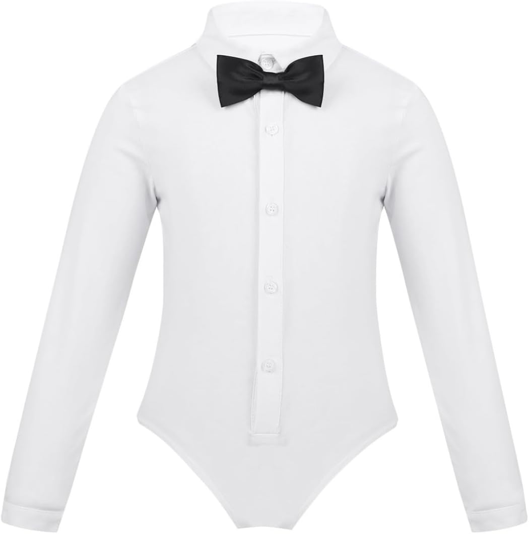 Choomomo Boys Formal Dress Shirt Bodysuit Long Sleeve Bowtie Leotard Romper Jazz Latin Ballroom Dancewear