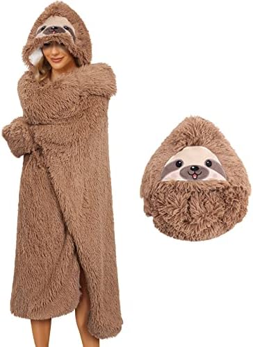 UMIPUBO Hoodie Blanket Fleece Wearable Sherpa Blanket Super Soft Fluffy Oversized Shawl Hooded Plush Throw Cloak Wrap Sofa TV Blanket For Audlts, Women, Men, Kids (sloth, One Size)