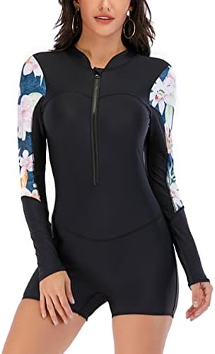 Long Sleeve Swimsuits for Women One Piece Rash Guards Athletic Rashguards Boy Leg Full Surfing Diving Suit Sleeved Swimwear Small Black-Flower