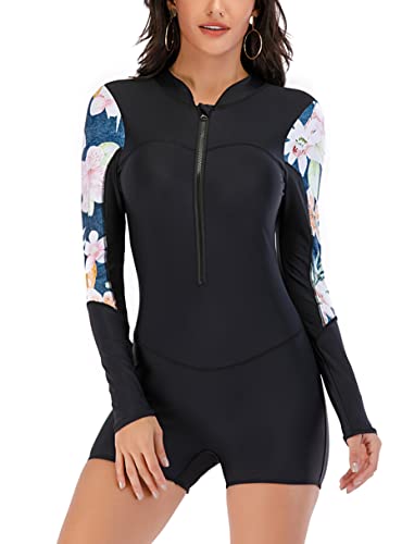 Long Sleeve Swimsuits For Women One Piece Rash Guards Athletic Rashguards Boy Leg Full Surfing Diving Suit Sleeved Swimwear Small Black-Flower #TOP2