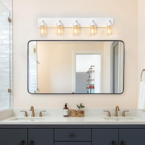 Image of IZORRO Bathroom Light Fixture White, Clear Glass Shade 36-Inch 5-Light