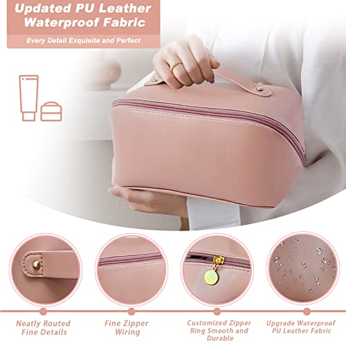 Topall Large Capacity Travel Cosmetic Bag, Upgrade Makeup Bag Multifunctional Storage Cosmetic Travel Bag Waterproof Portable Leather Make Up Bag For Women Girls (Naked Pink Upgrade) #TOP1