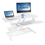 Todeco Bureau Debout Assis À Hauteur Réglable 91 * 40Cm Bureau Assis Debout Manuel avec Plateau Clavier Ergonomique Bureau Réglable À Ressort À Gaz pour Deux Moniteurs Bureau, Blanc