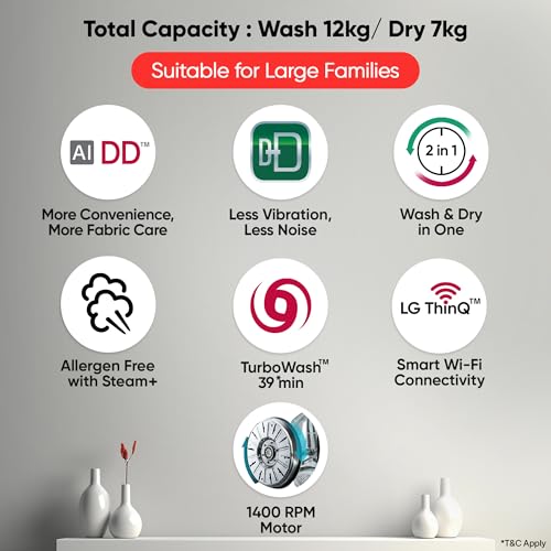 Image of LG 12 Kg (Wash) / 7 Kg (Dry), AI Direct Drive Technology, Steam+ & Wi-Fi Front Load Fully Automatic Washer Dryer (FHD1207STB, Intelligent & Convenient Fabric Care & Turbowash 360, Platinum Black)