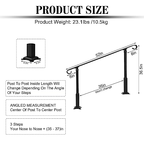 Step Handrail 4Ft Wrought Iron Handrail For Outdoor Steps,Stair Handrail Fit 1-3 Steps Used On Porch Steps, Or Stairs #TOP2