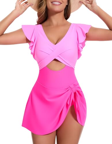 Women One Piece Swim Dress Tummy Control Swimsuits V Neck Ruffle Bathing Suit Cutout Wrap Side Tie Swimwear with Skirt
