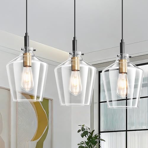 Image of Glass Pendant Lighting for Kitchen Island 3 Pack Black Gold Clear 8 Inch