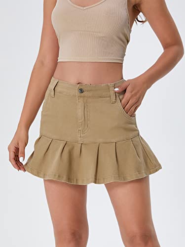 Verdusa Women's Y2K Ruffle Hem Pleated High Waist Short A Line Flared Denim Skirt Khaki M #TOP4