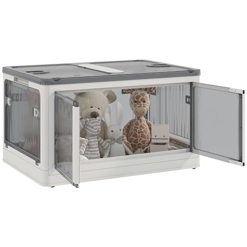 HOMCOM Boîte de rangement pliable et empilable 99L en plastique, caisse rangement cube avec couvercle et 4 roulettes, accès à 5 côtés, pour jouets et...