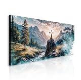 TAILORED CANVASES Cross on a Hill Faith Wall Art Jesus Mountain Decor Christian Canvas Artwork Modern Hanging Spiritual Religious Decoration for Living Room Bedroom Church 10x20