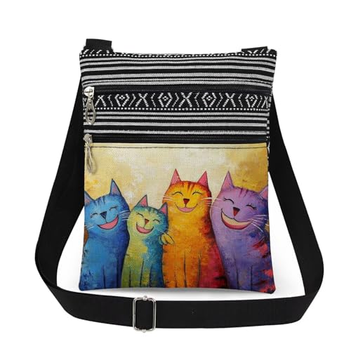 Cartoon Cats Print Crossbody Bag Adjustable Unisex Shoulder Bag with Zipper Cats Lovers Gift for Birthdays Travel Purse