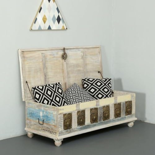 Image of Jaio Wooden Trunk Box for Storage | Solid Wood Coffee Table for Living Room | Handcrafted Center Tea Table with Sandook Storage for Living Room | Pitara for Home & Bedroom (White Reclaimed)