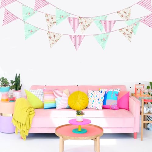 Image of Zwiebeco 32Ft Pink Blue Floral Fabric Pennant Banner Bunting Cotton Flower Triangle Flag Decoration for Birthday Wedding Engagement Bridal Baby Shower Tea Party Spring Rustic Village Home Garden Decor