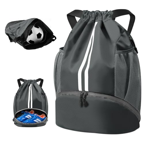 Image of BROTOU Unisex Drawstring Backpack, Waterproof Gym Bag, Large Oxford PE Pack, Students School Backpack, Durable Sports Ball Bag, with Shoe Bag (A, Dark Grey)