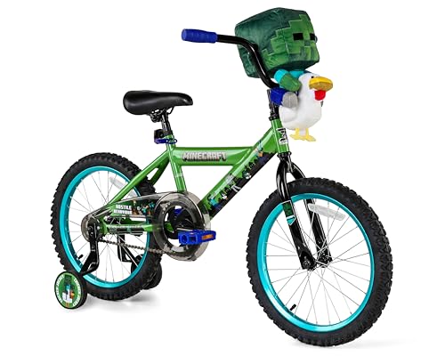 Minecraft 18-Inch Kids Bike - Unisex Bike with Plush Chicken Jockey Attachment Front Caliper & Coaster Brake Adjustable Seat Removable Training Wheels Ages 6-9 42-53 Tall Green