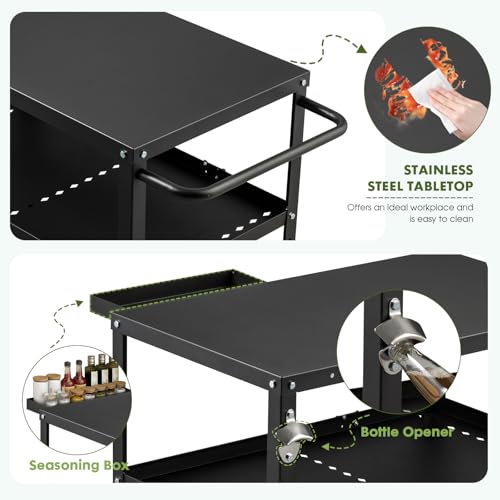 GVGBUK Outdoor Grill Cart Table,Indoor and Outdoor Pizza Oven Table,with 4 Movable Total Lock Casters, Hooks, Side Handle Multifunctional (Black)