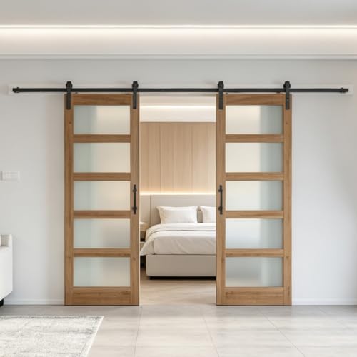 Image of FREDBECK 64 x 80 inch Frosted Glass Barn Doors with Hardware Kit Included