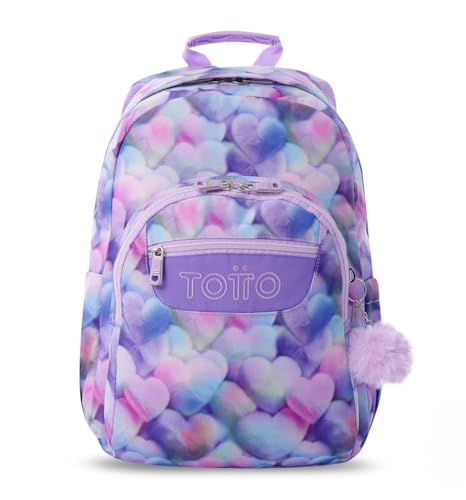 TOTTO - Mochila Escolar Adaptable a Carro, Modelo Acuareles Glitter, Capacidad 20L, Bolsillo para Pc 14', 2 Bolsillo Botella, Espaldar Ergonómico con Flujo de Aire, Correas en S, Estampado Kory Morado