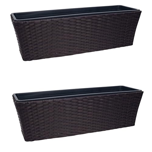 Balkonkasten mit Halterung in Rattan-Optik | ca. 60 cm | ca. 11 Liter Fassungsvolumen | ohne Wasserspeicher | inkl. Pflanzschale | hochwertiger Kunststoff | zum Hängen oder Hinstellen (2, braun)