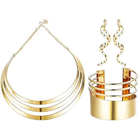 JOERICA Gold Tone Bib Choker Necklace Set for Women Wide Cuff Bangle Bracelets Long Statement Dangle Earrings African Costume Jewelry Set Cover