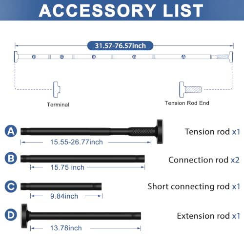Image of Tension Curtain Rod 32-76Inch Adjustable Shower Rod Black Tension Rod | Spring Curtain Rods no Drilling for Bathroom,Windows,Closets,Doorway