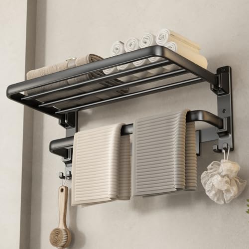 VOLDRA Towel Racks for Bathroom 24-Inch Towel Shelf with Towel Bar Foldable Towel Holder with 7 Hooks Towel Storage Organizer for Bathroom & Lavatory Wall Mounted(Matte Black)