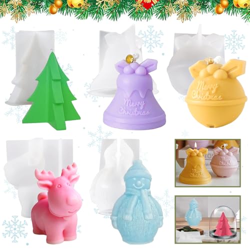 5 Piezas Stampi per Candele Natalizie,3D Stampi in Silicone per Candele-Muñeco de Nieve,Pino, Reno,Campanas-Stampi Silicone Natale,Stampi per Candele Fai Da Te Adecuado para Velas y Jabón