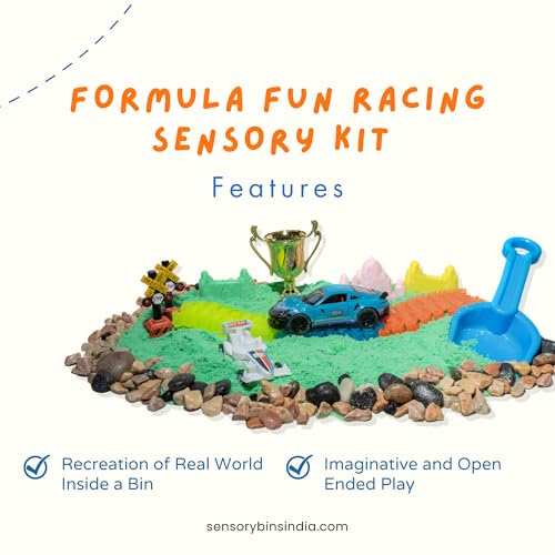 SENSORY BINS Formula Fun Racing Sensory Adventure Play Toy for Kids |Blissful Taste Safe Kinectic Sand |1 Trophy |2 Moulds 1 Sports car & F1 Car |1 Scoop |Assorted Stones for Kid