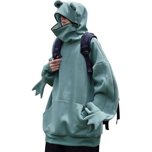 Moshtashio Frog Hoodie with Zip Mouth Cute Unisex Sweatshirt Animal Costume Solid Pullover Oversize Teen Green