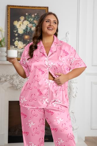 Image of Vozanet Women's Button Down Satin Pajama Sets Silky Short Sleeve Top & Pants Plus Size Loungewear Classic Sleepwear XL to 5XL